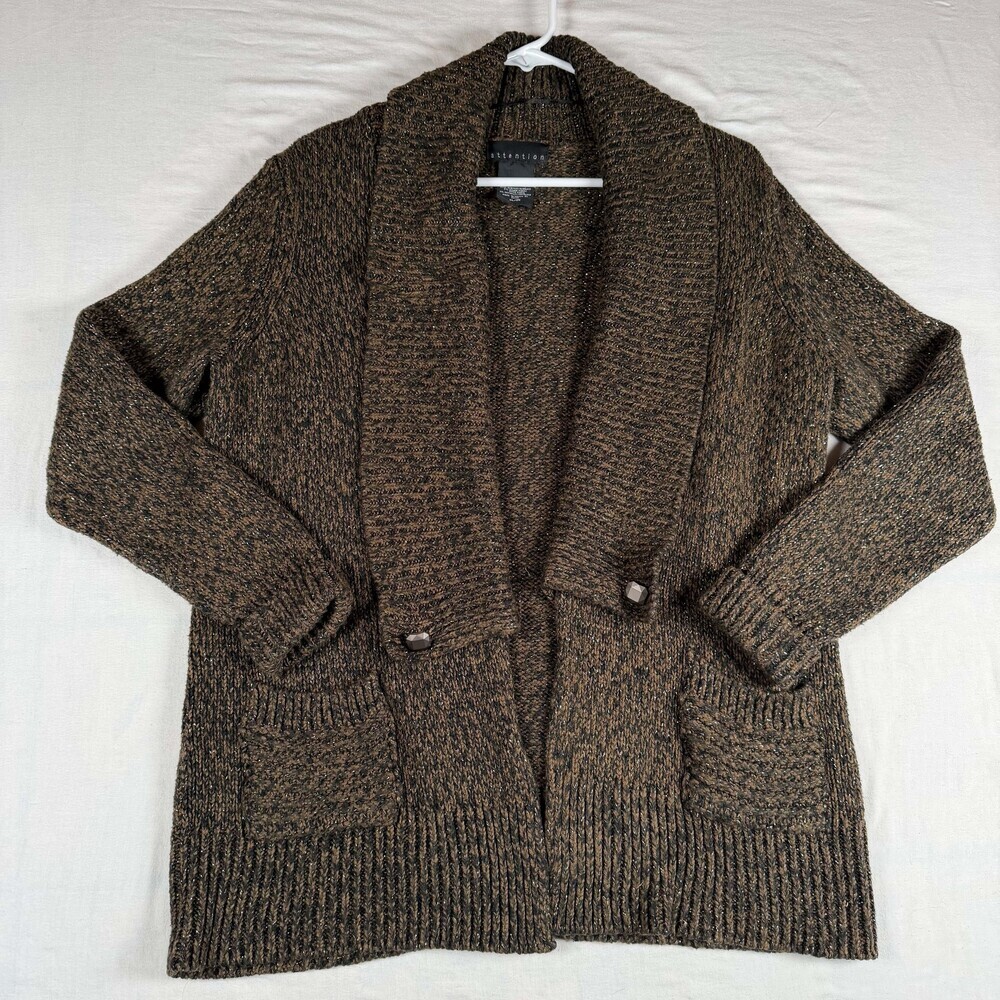 Attention Womens XL Brown Metallic Chunky Knit Cardigan Sweater Shawl Collar